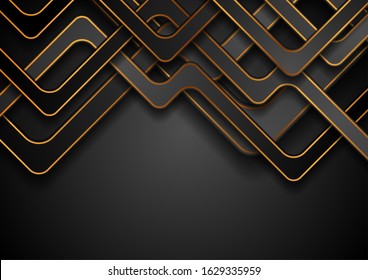 Black geometric tech background with abstract golden lines. Vector design