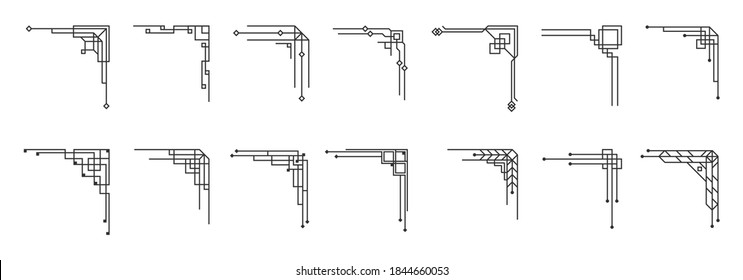 Black geometric template in style of 1920s, artdeco corners for borders and frames. Vintage art deco corner set. Invitation, greeting swirl elements, baroque ink artwork. Vector illustration,