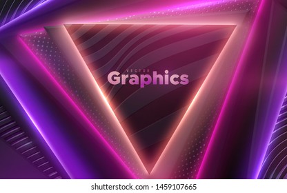 Black geometric triangle shapes with neon glowing light. Abstract 3d background. Vector illustration of purple electric lights. Modern cover design. Creative banner layout. Futuristic decoration