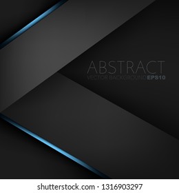 Black geometric vector background with blue line triangle overlap layer on dark space for background design