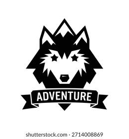 Cabeça de lobo geométrico preto com pico de montanha e fita de aventura