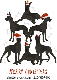 Black german mastiff. Abstract Christmas tree. Vector illustration. Merry Christmas greeting card with cute funny brown and Great Black Dane dogs wearing winter hats. Cute funny dogs.