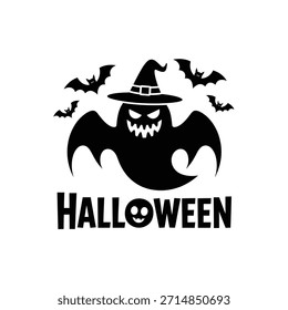 Um fantasma preto com asas de morcego e um chapéu de bruxa ao lado da palavra halloween.