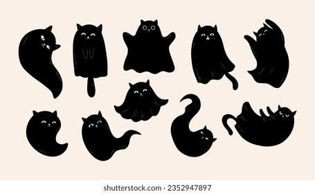 Black Ghost Cats set. Halloween characters 