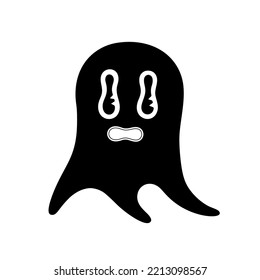 Black ghost. Halloween spooky cartoon character isolated on white background. Sticker, print on clothes, notebooks and phone cases. Vector illustration