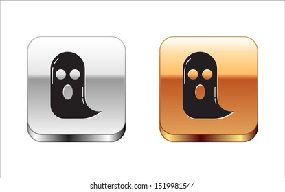 Black Ghost icon isolated on white background. Happy Halloween party. Silver-gold square button. Vector Illustration