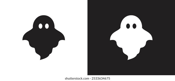 Icono de fantasma negro. Icono de fantasma de miedo. Fantasma de estilo de dibujos animados. Icono de personajes fantasmas en estilo plano, ícono de Halloween, Clipart de miedo de fiesta de octubre, Ilustración vectorial de fantasmas en fondo blanco y negro. 