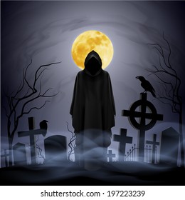 The black ghost on the cemetery. Yellow moon.