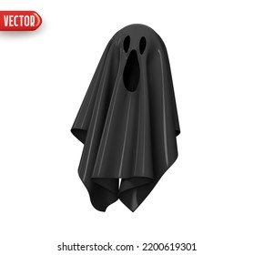 Black Ghost scream and angry emotions on face decor element for Halloween holiday. Fabric ghost realistic 3d design. Cartoon horror character. Icon isolated on white background. vector illustration