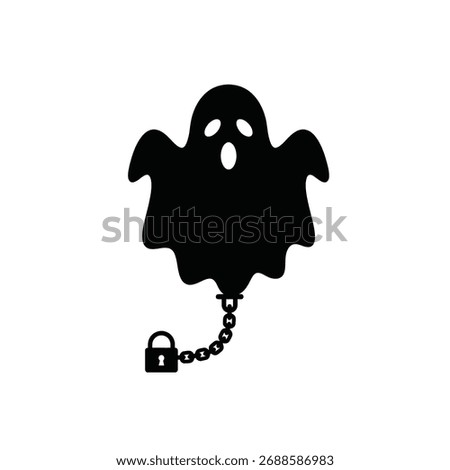 Black ghost silhouette with chain and padlock on a white background.