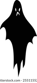 Black ghost silhouette floating against white background, featuring an angry expression, perfect for halloween projects and creating a spooky atmosphere