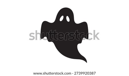 Black ghost silhouette on white background, simple design, Halloween theme, spooky atmosphere, floating figure