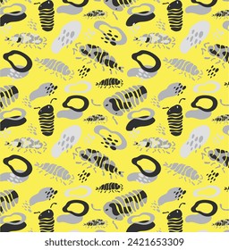 Black giant isopods drawing of woodlice insects in a modern style on a yellow background. Vector illustration design. Retro vintage design.