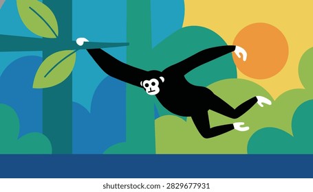 Black gibbon monkey swinging gracefully from a leafy green tree branch against a colorful sunset jungle background.