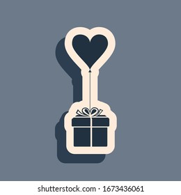 Black Gift with balloon in shape of heart icon isolated on grey background. Valentine's day, wedding, birthday card. Long shadow style. Vector Illustration