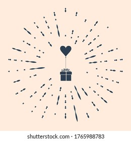 Black Gift with balloon in shape of heart icon isolated on beige background. Valentine's day, wedding, birthday card. Abstract circle random dots. Vector Illustration