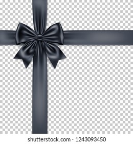 Black gift bow and ribbon isolated on transparent background. Detailed decoration elements for Christmas, birthday, Valentine’s Day, Women’s, Mothers’ Day, and other celebrations.