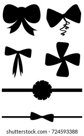 Black gift bow, silhouette, shape of present tie. Set of graphical decorative elements. Vector objects on isolated background,
