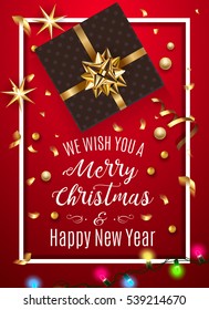 Black gift box with a beautiful gold bow. Merry Christmas and Happy New Year greeting card. Vintage Background With Typography and Decoration Elements card Vector, eps 10
