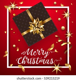 Black gift box with a beautiful gold bow. Merry Christmas and Happy New Year greeting card. Vintage Background With Typography and Decoration Elements card Vector, eps 10