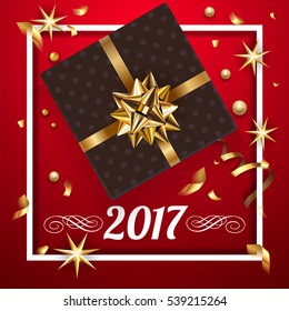 Black gift box with a beautiful gold bow. Merry Christmas and Happy New Year greeting card. Vintage Background With Typography and Decoration Elements card Vector, eps 10