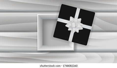 Black gift box with bow on a wooden board. Vector stock illustration for poster