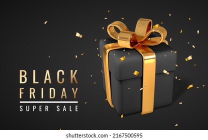 Black Gift Box and Confetti on dark background. Black friday promo banner design. Vector Illustration.