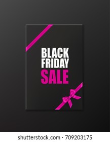 Black gift box with Black Friday Sale text with pink ribbon and bow on black background. Vector illustration. Black Friday Sale promotion template.