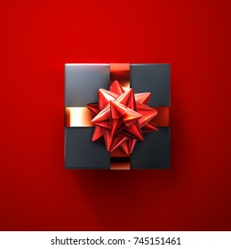 Black gift box with glittering red bow and crossing ribbons isolated on red background. Vector realistic festive illustration. Decoration element for design. Square box with ornament. Top view