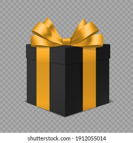 Black gift box with gold bow. 3D realistic closed luxury present with golden decor angle view, realistic packaging, holiday or birthday surprise, vector isolated on transparent background illustration