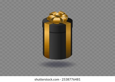 Black gift box with gold bow and ribbon.