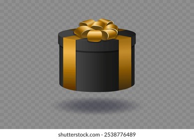 Black gift box with gold bow and ribbon.