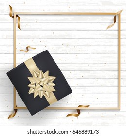 Black gift box and gold bow ribbons with confetti on light wood texture background. Vector illustration
