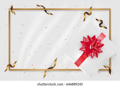 Black gift box and gold bow ribbons with confetti on light fabric texture background. Vector illustration