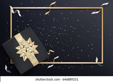 Black gift box and gold bow ribbons with confetti on dark texture background. Vector illustration