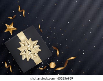 Black gift box and gold bow ribbons with confetti on dark texture background. Vector illustration