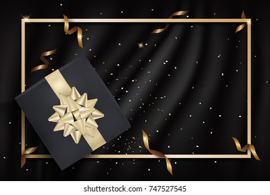 Black gift box and gold bow ribbons with confetti on dark silk texture background. Vector illustration