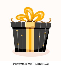 Black gift box with gold ribbon. A gift box with a bow. Suitable for New Year, Birthday, or Valentine's Day designs. Vector illustration