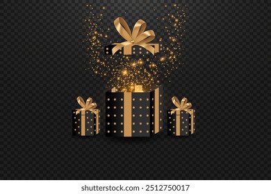 Black gift box with gold ribbon. Surprise package with gold dust and star. Black Friday. Vector illustration.On a transparent background.