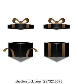 A black gift box with a gold ribbon bow is being opened.