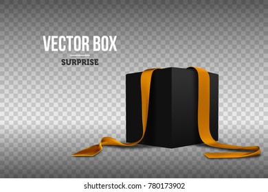 Black gift box with golden ribbons. Festive packaging. Realistic vector illustration