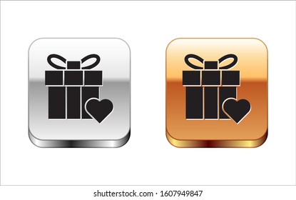 Black Gift box and heart icon isolated on white background. Valentines day. Silver-gold square button. Vector Illustration