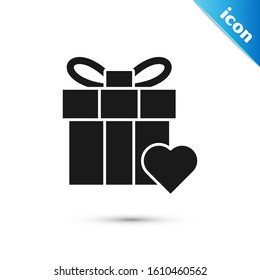 Black Gift box and heart icon isolated on white background. Valentines day.  Vector Illustration