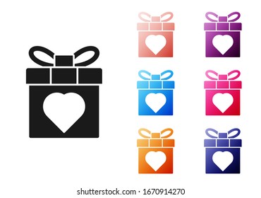 Black Gift box and heart icon isolated on white background. 8 March. International Happy Women Day. Set icons colorful. Vector Illustration