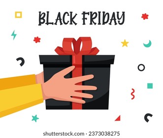 Caja de regalo negra en manos humanas. El concepto del Viernes Negro. Concepto de vacaciones. Concepto de venta.