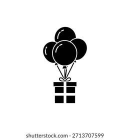 Icono negro de la caja de regalo con el racimo del diseño de la celebración de tres globos