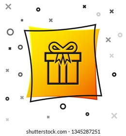 Black Gift box icon isolated on white background. Yellow square button. Vector Illustration