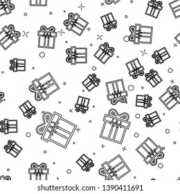 Black Gift box icon isolated seamless pattern on white background. Vector Illustration