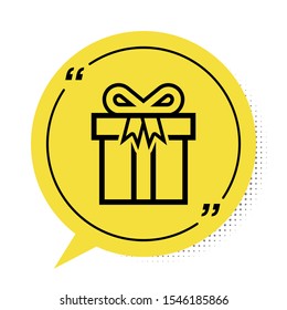Black Gift box icon isolated on white background. Yellow speech bubble symbol. Vector Illustration