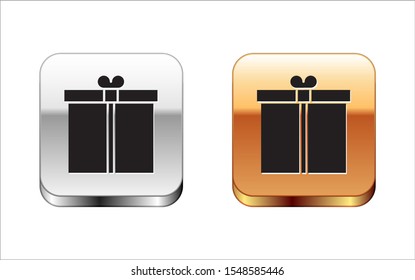 Black Gift box icon isolated on white background. Silver-gold square button. Vector Illustration